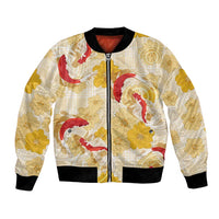 Beige Palaka Hawaii Aloha Bomber Jacket Koi Pond Mix Ilima Flowers LT7 Unisex Cream Yellow - Polynesian Pride