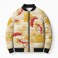 Beige Palaka Hawaii Aloha Bomber Puffer Jacket Koi Pond Mix Ilima Flowers LT7 Unisex Cream Yellow - Polynesian Pride