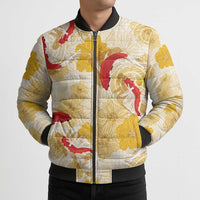 Beige Palaka Hawaii Aloha Bomber Puffer Jacket Koi Pond Mix Ilima Flowers LT7 - Polynesian Pride