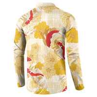 Beige Palaka Hawaii Aloha Button Sweatshirt Koi Pond Mix Ilima Flowers LT7 - Polynesian Pride