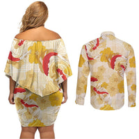 Beige Palaka Hawaii Aloha Couples Matching Off Shoulder Short Dress and Long Sleeve Button Shirt Koi Pond Mix Ilima Flowers - Polynesian Pride