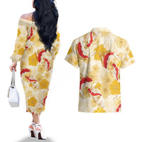 Beige Palaka Hawaii Aloha Couples Matching Off The Shoulder Long Sleeve Dress and Hawaiian Shirt Koi Pond Mix Ilima Flowers - Polynesian Pride