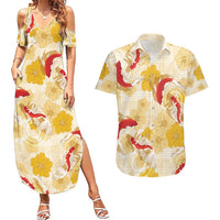 Beige Palaka Hawaii Aloha Couples Matching Summer Maxi Dress and Hawaiian Shirt Koi Pond Mix Ilima Flowers - Polynesian Pride