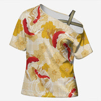 Beige Palaka Hawaii Aloha Cross Shoulder Shirt Koi Pond Mix Ilima Flowers LT7 Female Cream Yellow - Polynesian Pride