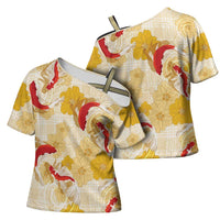 Beige Palaka Hawaii Aloha Cross Shoulder Shirt Koi Pond Mix Ilima Flowers LT7 - Polynesian Pride