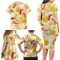 Beige Palaka Hawaii Aloha Family Matching Long Sleeve Bodycon Dress and Hawaiian Shirt Koi Pond Mix Ilima Flowers - Polynesian Pride
