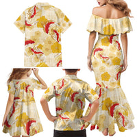 Beige Palaka Hawaii Aloha Family Matching Mermaid Dress and Hawaiian Shirt Koi Pond Mix Ilima Flowers - Polynesian Pride