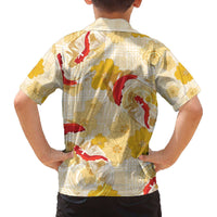 Beige Palaka Hawaii Aloha Family Matching Off The Shoulder Long Sleeve Dress and Hawaiian Shirt Koi Pond Mix Ilima Flowers - Polynesian Pride