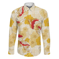 Beige Palaka Hawaii Aloha Family Matching Off The Shoulder Long Sleeve Dress and Hawaiian Shirt Koi Pond Mix Ilima Flowers - Polynesian Pride