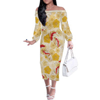 Beige Palaka Hawaii Aloha Family Matching Off The Shoulder Long Sleeve Dress and Hawaiian Shirt Koi Pond Mix Ilima Flowers - Polynesian Pride