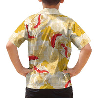 Beige Palaka Hawaii Aloha Family Matching Off Shoulder Short Dress and Hawaiian Shirt Koi Pond Mix Ilima Flowers - Polynesian Pride