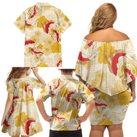 Beige Palaka Hawaii Aloha Family Matching Off Shoulder Short Dress and Hawaiian Shirt Koi Pond Mix Ilima Flowers - Polynesian Pride