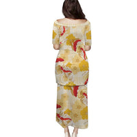 Beige Palaka Hawaii Aloha Family Matching Puletasi and Hawaiian Shirt Koi Pond Mix Ilima Flowers - Polynesian Pride