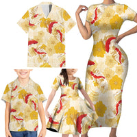 Beige Palaka Hawaii Aloha Family Matching Short Sleeve Bodycon Dress and Hawaiian Shirt Koi Pond Mix Ilima Flowers - Polynesian Pride