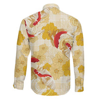 Beige Palaka Hawaii Aloha Family Matching Short Sleeve Bodycon Dress and Hawaiian Shirt Koi Pond Mix Ilima Flowers - Polynesian Pride