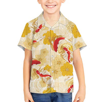 Beige Palaka Hawaii Aloha Family Matching Short Sleeve Bodycon Dress and Hawaiian Shirt Koi Pond Mix Ilima Flowers - Polynesian Pride