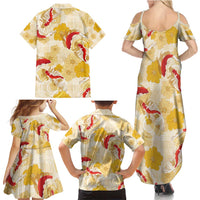 Beige Palaka Hawaii Aloha Family Matching Summer Maxi Dress and Hawaiian Shirt Koi Pond Mix Ilima Flowers - Polynesian Pride