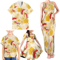 Beige Palaka Hawaii Aloha Family Matching Tank Maxi Dress and Hawaiian Shirt Koi Pond Mix Ilima Flowers - Polynesian Pride