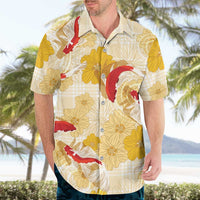 Beige Palaka Hawaii Aloha Hawaiian Shirt Koi Pond Mix Ilima Flowers LT7 - Polynesian Pride