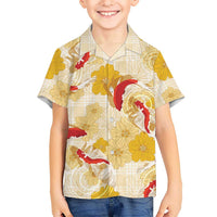 Beige Palaka Hawaii Aloha Hawaiian Shirt Koi Pond Mix Ilima Flowers LT7 - Polynesian Pride