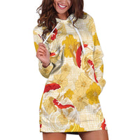 Beige Palaka Hawaii Aloha Hoodie Dress Koi Pond Mix Ilima Flowers - Polynesian Pride