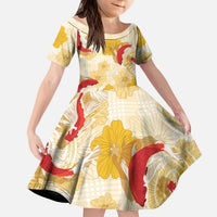 Beige Palaka Hawaii Aloha Kid Short Sleeve Dress Koi Pond Mix Ilima Flowers LT7 KID Cream Yellow - Polynesian Pride