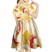 Beige Palaka Hawaii Aloha Kid Short Sleeve Dress Koi Pond Mix Ilima Flowers LT7 - Polynesian Pride