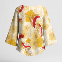 Beige Palaka Hawaii Aloha Kimono Sleeve Blouse Koi Pond Mix Ilima Flowers LT7 - Polynesian Pride
