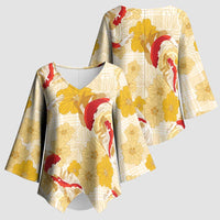 Beige Palaka Hawaii Aloha Kimono Sleeve Blouse Koi Pond Mix Ilima Flowers LT7 - Polynesian Pride