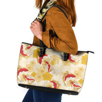 Beige Palaka Hawaii Aloha Leather Tote Bag Koi Pond Mix Ilima Flowers LT7 Cream Yellow - Polynesian Pride