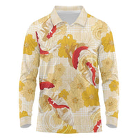 Beige Palaka Hawaii Aloha Long Sleeve Polo Shirt Koi Pond Mix Ilima Flowers LT7 Cream Yellow - Polynesian Pride
