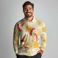 Beige Palaka Hawaii Aloha Long Sleeve Polo Shirt Koi Pond Mix Ilima Flowers LT7 - Polynesian Pride