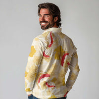 Beige Palaka Hawaii Aloha Long Sleeve Polo Shirt Koi Pond Mix Ilima Flowers LT7 - Polynesian Pride