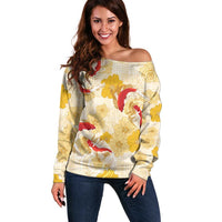 Beige Palaka Hawaii Aloha Off Shoulder Sweater Koi Pond Mix Ilima Flowers - Polynesian Pride