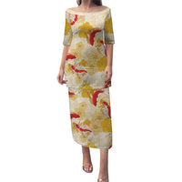 Beige Palaka Hawaii Aloha Puletasi Koi Pond Mix Ilima Flowers LT7 Long Dress Cream Yellow - Polynesian Pride