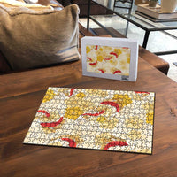Beige Palaka Hawaii Aloha Puzzle Koi Pond Mix Ilima Flowers LT7 - Polynesian Pride