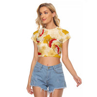 Beige Palaka Hawaii Aloha Raglan Cropped T Shirt Koi Pond Mix Ilima Flowers LT7 Female Cream Yellow - Polynesian Pride