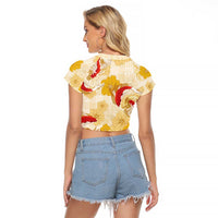 Beige Palaka Hawaii Aloha Raglan Cropped T Shirt Koi Pond Mix Ilima Flowers LT7 - Polynesian Pride