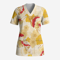Beige Palaka Hawaii Aloha Scrub Top Koi Pond Mix Ilima Flowers LT7 Adult Cream Yellow - Polynesian Pride