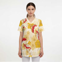 Beige Palaka Hawaii Aloha Scrub Top Koi Pond Mix Ilima Flowers LT7 - Polynesian Pride