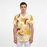 Beige Palaka Hawaii Aloha Scrub Top Koi Pond Mix Ilima Flowers LT7 - Polynesian Pride