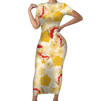 Beige Palaka Hawaii Aloha Short Sleeve Bodycon Dress Koi Pond Mix Ilima Flowers LT7 Long Dress Cream Yellow - Polynesian Pride