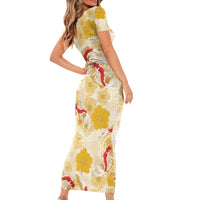 Beige Palaka Hawaii Aloha Short Sleeve Bodycon Dress Koi Pond Mix Ilima Flowers LT7 - Polynesian Pride