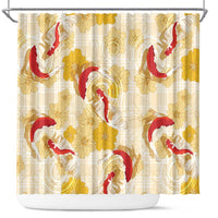 Beige Palaka Hawaii Aloha Shower Curtain Koi Pond Mix Ilima Flowers - Polynesian Pride