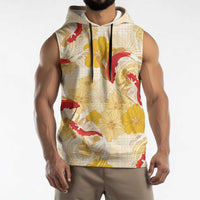 Beige Palaka Hawaii Aloha Sleeveless Hoodie Koi Pond Mix Ilima Flowers LT7 - Polynesian Pride