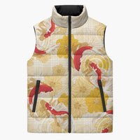 Beige Palaka Hawaii Aloha Sleeveless Puffer Jacket Koi Pond Mix Ilima Flowers LT7 Unisex Cream Yellow - Polynesian Pride