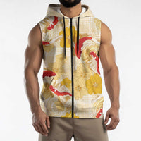 Beige Palaka Hawaii Aloha Sleeveless Zip Hoodie Koi Pond Mix Ilima Flowers LT7 - Polynesian Pride