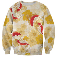 Beige Palaka Hawaii Aloha Sweatshirt Koi Pond Mix Ilima Flowers LT7 Unisex Cream Yellow - Polynesian Pride