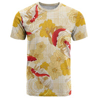 Beige Palaka Hawaii Aloha T Shirt Koi Pond Mix Ilima Flowers LT7 Cream Yellow - Polynesian Pride