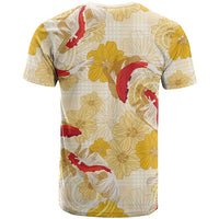 Beige Palaka Hawaii Aloha T Shirt Koi Pond Mix Ilima Flowers LT7 - Polynesian Pride
